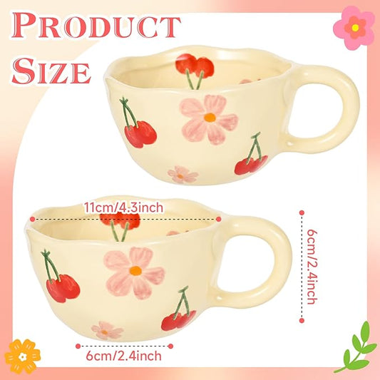 Ceramic Coffee Mug Vintage Flower Mugs 8 oz Cute Floral Coffee Mugs Irregular Latte Art Cup Lead-free Porcelain Cups for Cappuccino, Cocoa (2 Pcs Pink Cherry)