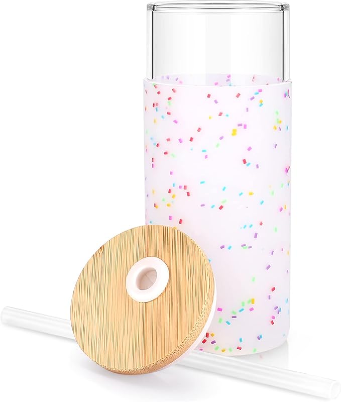 Tronco 20 oz Glass Tumbler Glass Water Bottle Straw Silicone Protective Sleeve Bamboo Lid - BPA Free (Colorful spots/ 2pack)