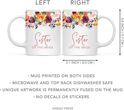 Andaz Press 11oz. Wedding Ceramic Coffee Tea Mug Gift, Fall Autumn Burgundy Orange Peach Flowers Roses Florals, Sister of the Bride, 1-Pack, Includes Gift Box