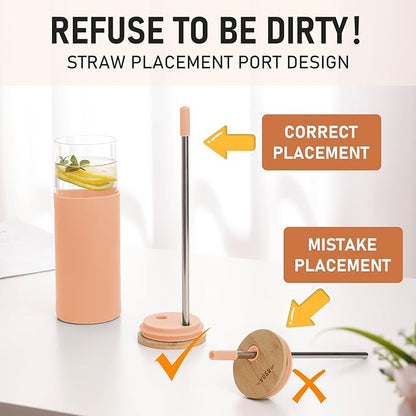 Glass Tumbler w/Lids & Straw:24oz Reusable Mug w/Bamboo Lid,Stainless Steel Straw, BPA-Free, Leak-Proof, Dishwasher Safe for Coffee, Smoothies, Hot Beverages,Travel,Office,Home Use,4-PK,Amber