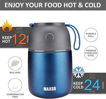 Insulated Thermo Food Jar for Hot & Cold Food for Kids Adult, 17&24 oz Soup Thermal Hot Food Containers for Lunch, Triple Layer Insulation Stainless Steel Food Jar with Spoon (2 Pack Blue)