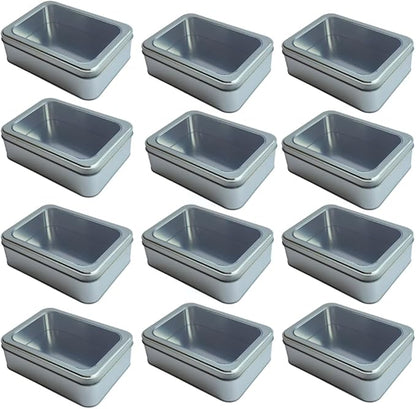 Pack of 12 Silver Rectangular Tin Container With Clear Lid, Multipurpose Tin Box, Festive Tin Box for Gift Giving, Cookies, Stationery & More - 7.25 x 5.25 x 2.25 Inches