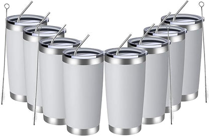 MEWAY 20oz Tumbler 8 Pack Double Wall Vacuum Insulated Travel Mug Bulk, Stainless Steel Tumblers with Lid and Straw, Durable Powder Coated Coffee Cups for Cold & Hot Drinks (White, 8)