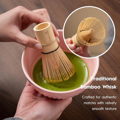 6 Pcs Matcha Set - Ceramic Bowl with Spout, Matcha Whisk with Holder, Tea Powder Canister, Sifter and Spoon, Complete Kit for Traditional Matcha, Modern Lattes, and Tea Ceremonies (Pink)