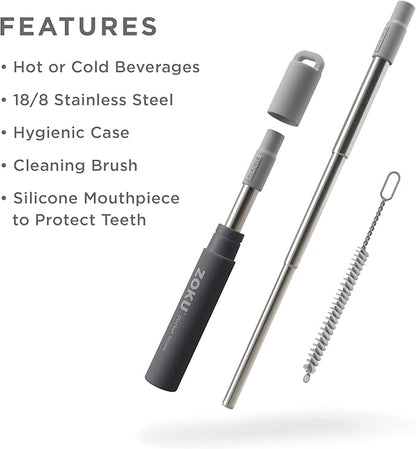 ZOKU Reusable Metal Straw with Case for Travel, Grey - Collapsible Stainless Steel Drinking Straw with Silicone Tip and Cleaner Brush, Ideal for Key Chains, Pockets, Purses