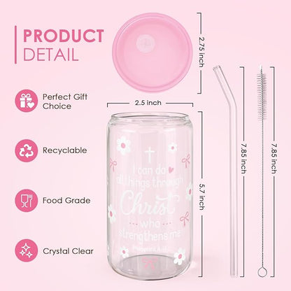 SANDJEST Christian Glass Can Tumbler 16oz, Inspirational Glass Cup with Lid & Straw, Iced Coffee Aesthetic Cups for Women Girls, Gifts Idea for Christmas Birthday