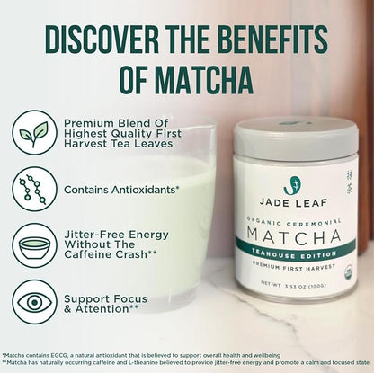 Jade Leaf Matcha Organic Premium Ceremonial Grade Matcha Green Tea Powder - Japanese - Culinary, Ingredient, Ceremonial Barista Teahouse, Latte, Collagen, 3.53 Ounce (Pack of 1), Ceremonial Teahouse Tin
