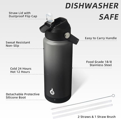 BJPKPK Water Bottle with Straw Lid, 24oz Vacuum Insulated Water Bottles, Metal Stainless Steel Thermos for Sports, Travel, BPA Free Leak Proof Thermos, Cups, Flasks, Tumblers,Black Grey