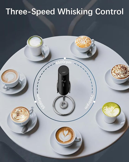 Rechargeable Milk Frother with Stand, Electric Frother Wand Handheld Coffee Foam Maker Detachable Stainless Steel Whisk Drink Mixer Foamer for Latte, Cappuccino, Hot Chocolate, Egg (Black)