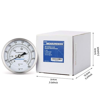 MEASUREMAN Fully Stainless Steel Bimetal Dial Thermometer, 3" Dial, 4" Stem, 50-550 deg F/10-260 deg C, -1% Accuracy, Adjustable, 1/2" NPT Back Mount