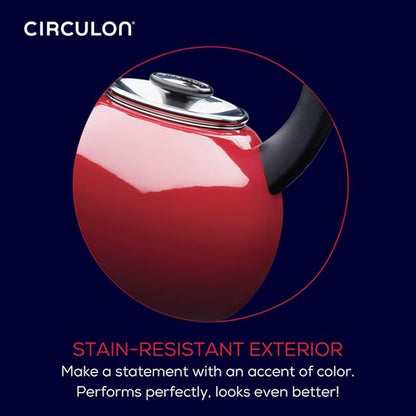 Circulon Enamel on Steel Whistling Teakettle/Teapot With Flip-Up Spout, 2 Quart - Red
