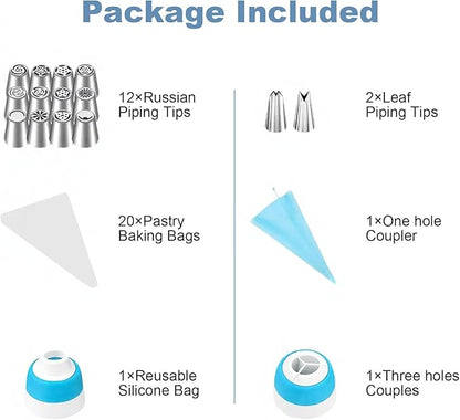 Russian Piping Tips Set – 12 Flower Frosting Nozzles, 2 Leaf Piping Tips, 2 Couplers, 20 Pastry Bags & 1 Reusable Bag – Large & Mini Russian Piping Tips for Cake Decorating, Cupcakes, Cookies