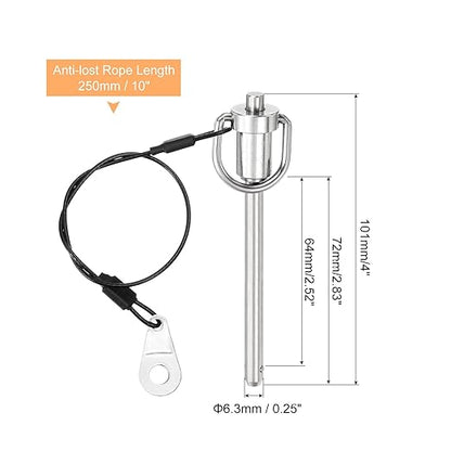 uxcell 1 Pcs Quick Release Pin, 6.3x64mm/1/4" x 2.52"(Dia. x L) Push-Button Ball Locking Pin 304 Stainless Steel Ring Handle Locking Pin with Wire for Audio Bimini Top Marine, Silver