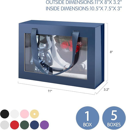 JINGUAN Navy Blue Gift Box with Window, Clear Magnetic Gift Box for Present, Groomsman Proposal Box (10.5x7.5x3 Inches)