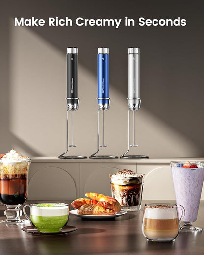 Maestri House Rechargeable Milk Frother with Stepless Speed Control, Handheld Electric Foam Maker Waterproof Drink Mixer Foamer with Stainless Steel Stand & Detachable Whisks for Lattes, Cappuccino