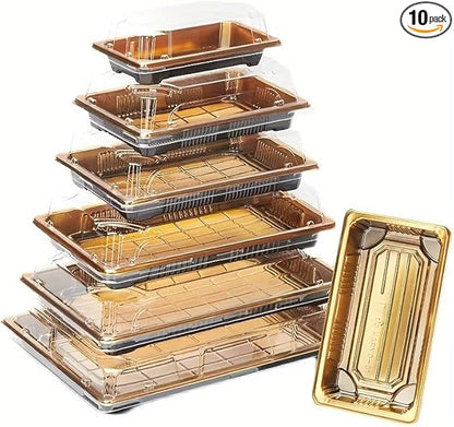 10 Pack Gold Rectangular Sushi Containers with Clear Lids – Disposable Plastic Food Boxes for Party, Takeout & Catering – Elegant, Stackable Trays for Sushi, Snacks & Desserts(Model No.1111)