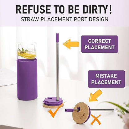 Glass Tumbler w/Lids & Straw: 24 oz Reusable Glass Cup w/Bamboo Lid, Stainless Steel Straws, BPA-Free, Leak-Proof, Dishwasher Safe for Coffee/Smoothies/Hot Beverage, Travel/Office/Home Use, 2-Pk