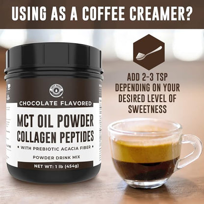 Keto MCT Oil Powder + Collagen + Prebiotic Acacia Fiber, Chocolate Flavor, 16oz. MCT Oil Powder from Coconuts. Grass Fed Collagen, Perfect for Keto, 0 Net Carb, Stevia, Erythritol, Powdered Drink