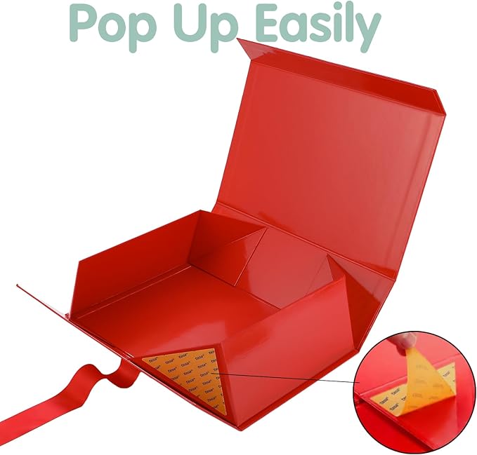 HAPPY POTATO 6 Large Christmas Gift Boxes with Ribbon 13.5x9x4.1 Inches, Red Gift Boxes with Lids, Bridesmaid Proposal Boxes, Magnetic Gift Box for presents (Glossy Red, Pack of 6)