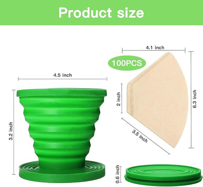 Collapsible Pour Over Coffee Dripper Set - Silicone Reusable Cone Filter Holders with 100Pcs Paper Filters - For Home, Camping, Travel, Office (1, Green)