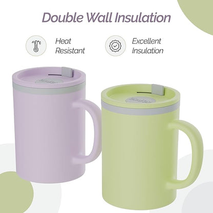 Copco Insulated Coffee Mug with Lid and Handle, 16oz Tumbler, Double Wall To-Go Cup, for Travel, Office, School, Camping, BPA-Free Reusable Plastic, Iconic Set of 2, Purple/Yellow