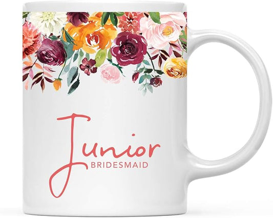 Andaz Press 11oz. Wedding Ceramic Coffee Tea Mug Gift, Fall Autumn Burgundy Orange Peach Flowers Roses Florals, Junior Bridesmaid, 1-Pack, Includes Gift Box