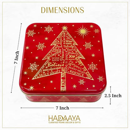 Metal Square Festive Christmas Cookie Tin with Lid | Festive Holiday Storage for Candy Snacks Holiday Christmas Party Decor Favor Gift Box RED GOLD JOY SNOWFLAKE