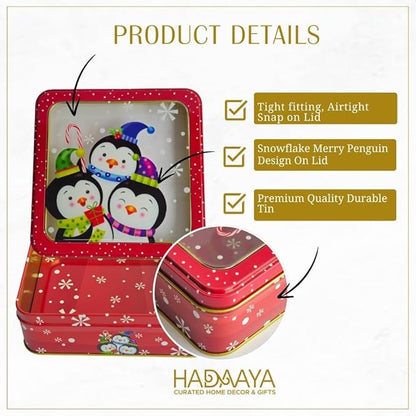Metal Christmas Cookie Tin With Clear Lid- Square Multipurpose Storage Container For Cookies, Candy, Brownies, Snacks & More- Holiday Party Gift Box With Red Snowflake Penguin Design