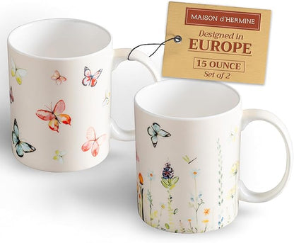 Maison d' Hermine Coffee Mug with Handles Fine Bone China Mugs Pack of Two Tea Cups for Hot Beverages Cappuccino Latte Home Restaurant Office Perfect for Gift (Botanical Fresh, 15 Ounce)
