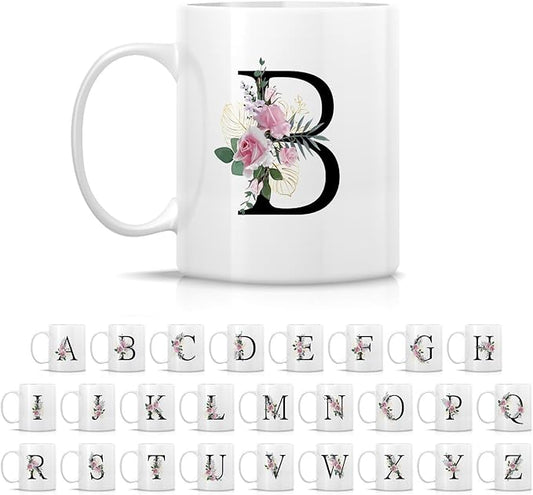 Retreez Initial A-Z Floral Botanical Bouquet Alphabet Monogrammed Monogram Mug 11 Oz Ceramic Tea Coffee Mugs - Appreciation Thank You Wedding Birthday Gifts for her friend coworker sister - B Initial
