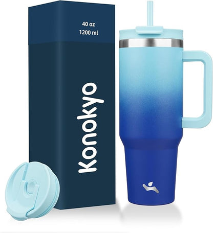 40 oz Tumbler with Handle and 2 Straws,2 in 1 Lid Insulated Water Bottle Stainless Steel Travel Coffee Mug,Sky