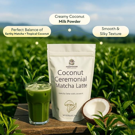 Mushmatcha Ceremonial Coconut Matcha Latte Powder - Organic Green Tea Matcha Powder with Smooth Coconut Cream - Vegan Superfood Drink for Focus & Energy – Dairy-Free, Gluten-Free, 100% Natural – 100g