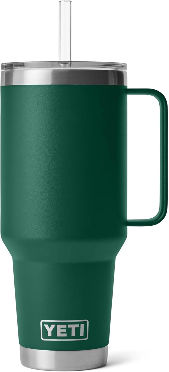 YETI Rambler 42 oz Tumbler with Handle and Straw Lid, Travel Mug Water Tumbler, Vacuum Insulated Cup with Handle, Stainless Steel, Black Forest Green