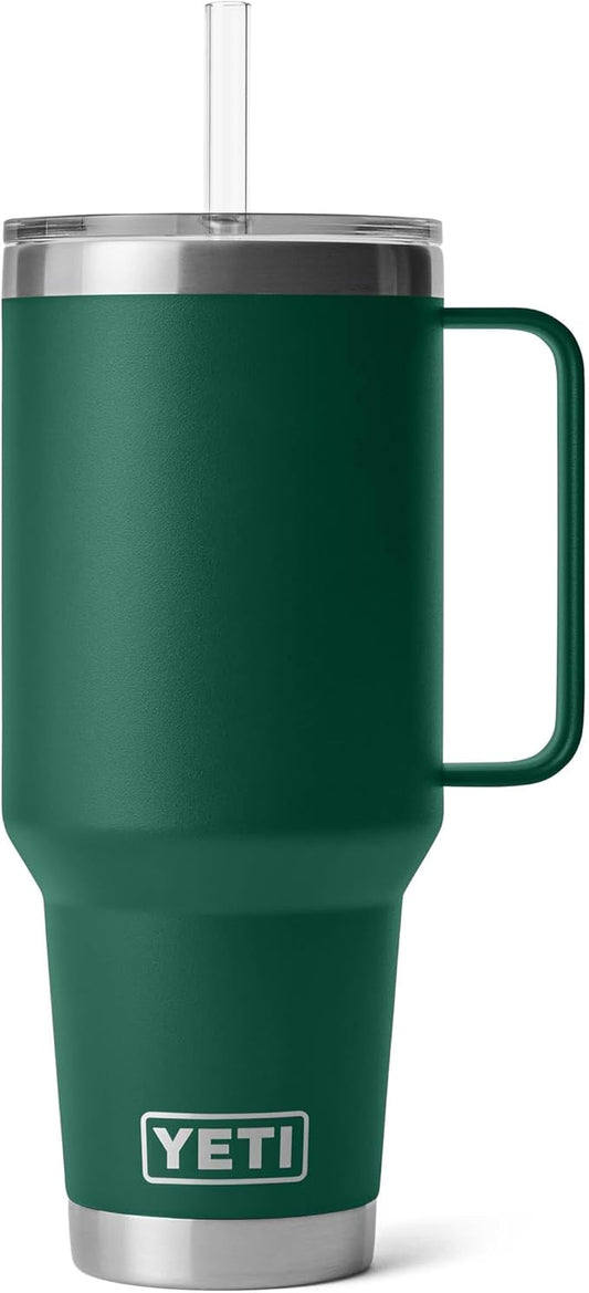YETI Rambler 42 oz Tumbler with Handle and Straw Lid, Travel Mug Water Tumbler, Vacuum Insulated Cup with Handle, Stainless Steel, Black Forest Green