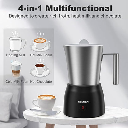 Secura 17oz Detachable Milk Frother and Steamer, Stainless Steel Electric Hot/Cold Foam Maker for Lattes, Cappuccinos & Hot Chocolate, Upgraded 2-in-1 Whisks, Non-Stick & Teflon-Free Design