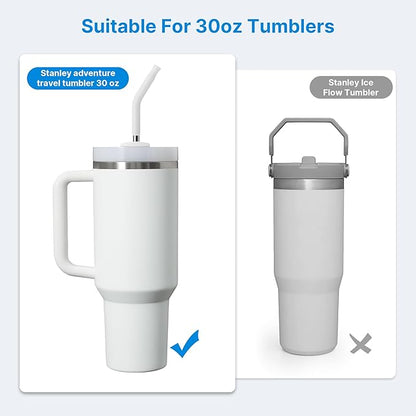 Repeatable Metal Straw with Silicone Tips for 30 oz Stanley Tumbler, 2 Pcs 30 oz Stainless Steel Straws Replacement for Stanley Tumbler, 1 Straw Brush, BPA Free（White）
