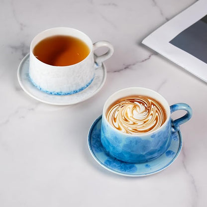 KAMMAK Tea Cups and Saucers set of 2, Porcelain Coffee Cups, 7.5oz Crystalline Glaze Espresso Mugs, Ceramic Demitasse for Coffee, Cappuccino, Latte, Americano, Tea (Dark Blue and White Blue)