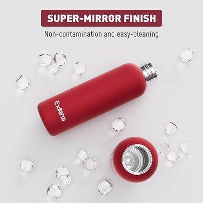 Slim Insulated Water Bottles for Travel 18oz with Clip, Double Wall Vacuum Stainless Steel Water Bottle Keeps Drinks Cold 24 Hrs/Hot 12 Hrs, 100% Leakproof, BPA Free（Red）