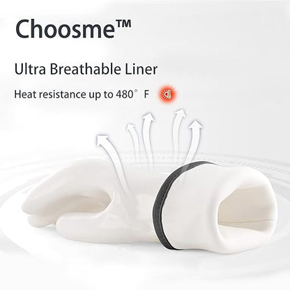Oven Gloves Liquid Silicone Gloves Food Grade Heat Resistant Mitts with Fingers, for Cooking Baking Grilling Waterproof, with Nylon Liner, White, Large