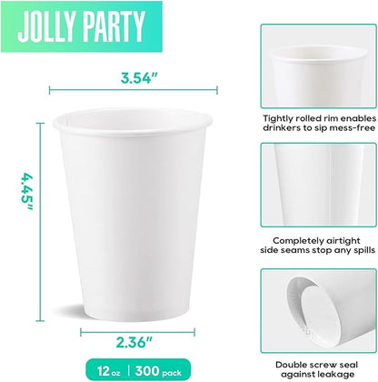 JOLLY PARTY 300 Pack 12 oz Disposable Paper Coffee Cup, Hot/Cold Beverage Drinking Cups for Water, White Paper Hot Coffee Cups