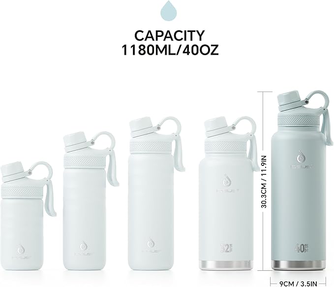IDEUS Insulated Stainless Steel Water Bottle with 2 Leak-Proof Lids, Thermal Water Flask for Hiking Biking, 40oz, Light Blue