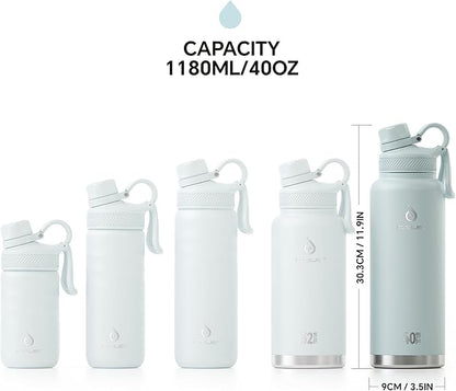 IDEUS Insulated Stainless Steel Water Bottle with 2 Leak-Proof Lids, Thermal Water Flask for Hiking Biking, 40oz, Light Blue