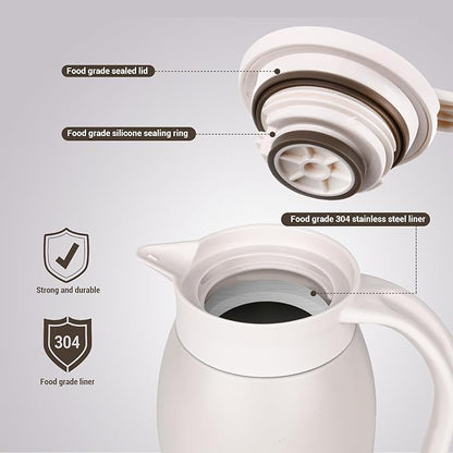 41 Oz Thermal Coffee Carafe Stainless Steel Insulated Thermos Double Wall Vacuum Flask Leak-Proof Thermos for Travel Office School Party Camping Use-Milk rice white