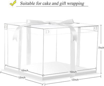 12X12X7inch Clear cake Boxes,Cake Carrier,Disposable Cake Containers, Large Cake box with Ribbon, Ideal for Large 10and 12Inch Cake carry,transparent cake box for birthday Party wedding -White