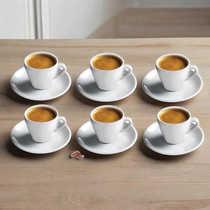 CUISINOX Italian Classic White Porcelain Espresso Cups and Saucers – Set of 6, 2 oz – Coffee Cups for Espresso Shots, Cappuccino, Latte – Perfect for Home and Coffee Bar Accessories