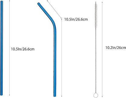 10 Pcs Stainless Steel Straws, Reusable Drinking Straws, 5 Straight + 5 Bent Metal Straws Set With 2 Pcs Cleaning Brushes (Blue, 10.5 Inch)