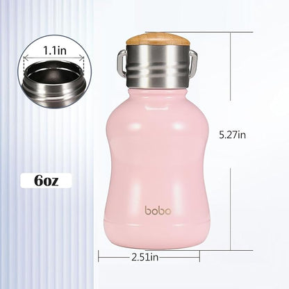 YOHKOH Mini Vacuum Insulated Water Bottle With Bamboo Lid - Stainless Steel Thermos Water Bottle for Women Girls Kids, Metal Sports Hot and Cold Water Bottle Leak-Proof BPA-Free (6.4oz,Pink)