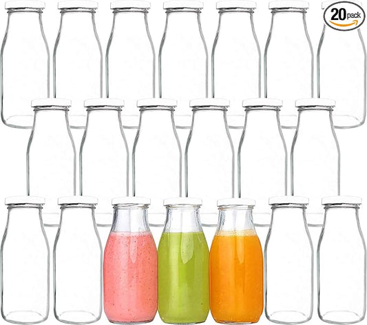 QAPPDA 12 oz Glass Bottles, Glass Milk Bottles with Lids, Vintage Breakfast Shake Container, Vintage Drinking Bottle with Chalkboard Labels and Pen for Party,Kids,Set of 20
