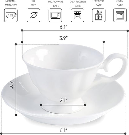 Fine Bone China Coffee Cups with Saucers, Set of 4 Vintage British Royal Style Ceramic Tea Cups, 4 Oz Small Tea Cup and Saucer Set for Afternoon Tea or Gift