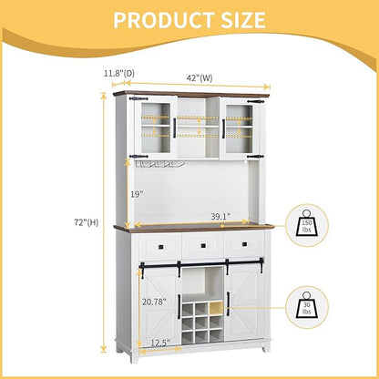 72" Coffee Bar Wine Cabinet with Sliding Barn Door & LED Lights, Sideboard Buffet Cabinet with Wine Bottle Rack, 3 Drawers, Storage Cabinet for Kitchen, Dining Room, White